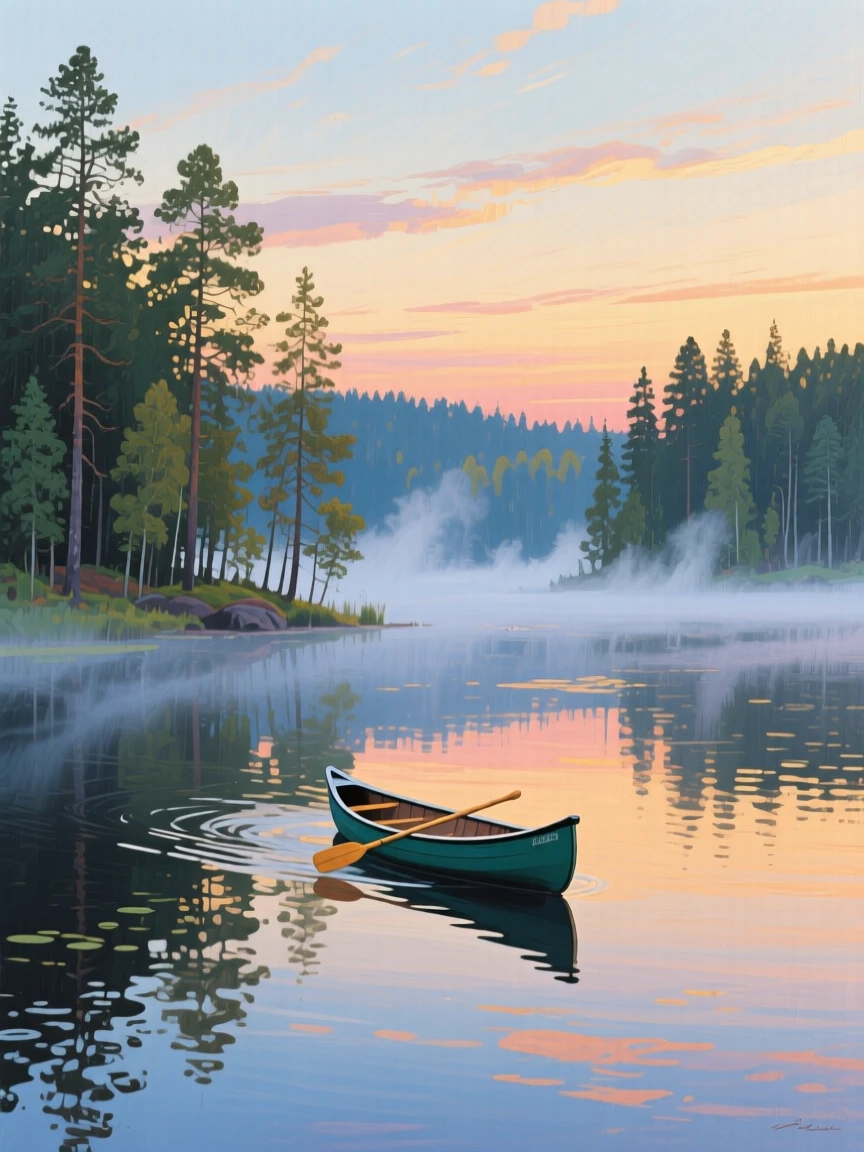 A quiet Nordic forest lake at dawn, thin mist rising off the water as a lone canoe glides silently