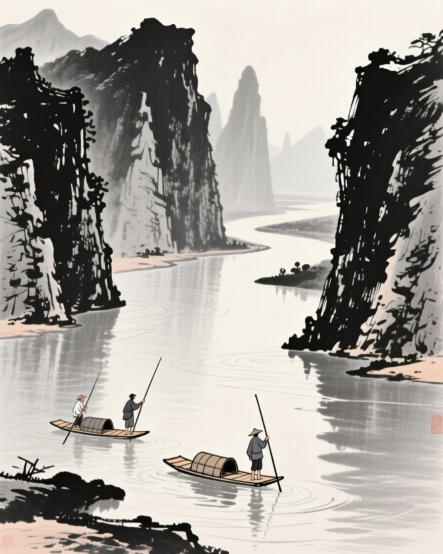 a slow river reflecting the surrounding cliffs, with fishermen poling small rafts along its banks.