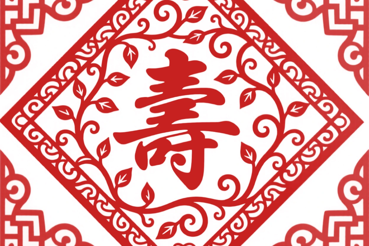 A design of a diamond-shaped panel featuring scrolling vines framing a central shou character, framed by delicate scrollwork on every edge.