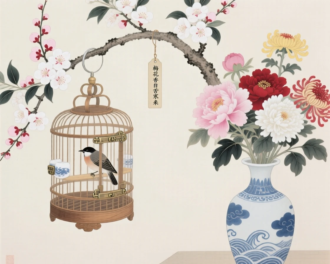 A small bird cage hanging beside a blooming plum branch beside a vase of freshly cut flowers