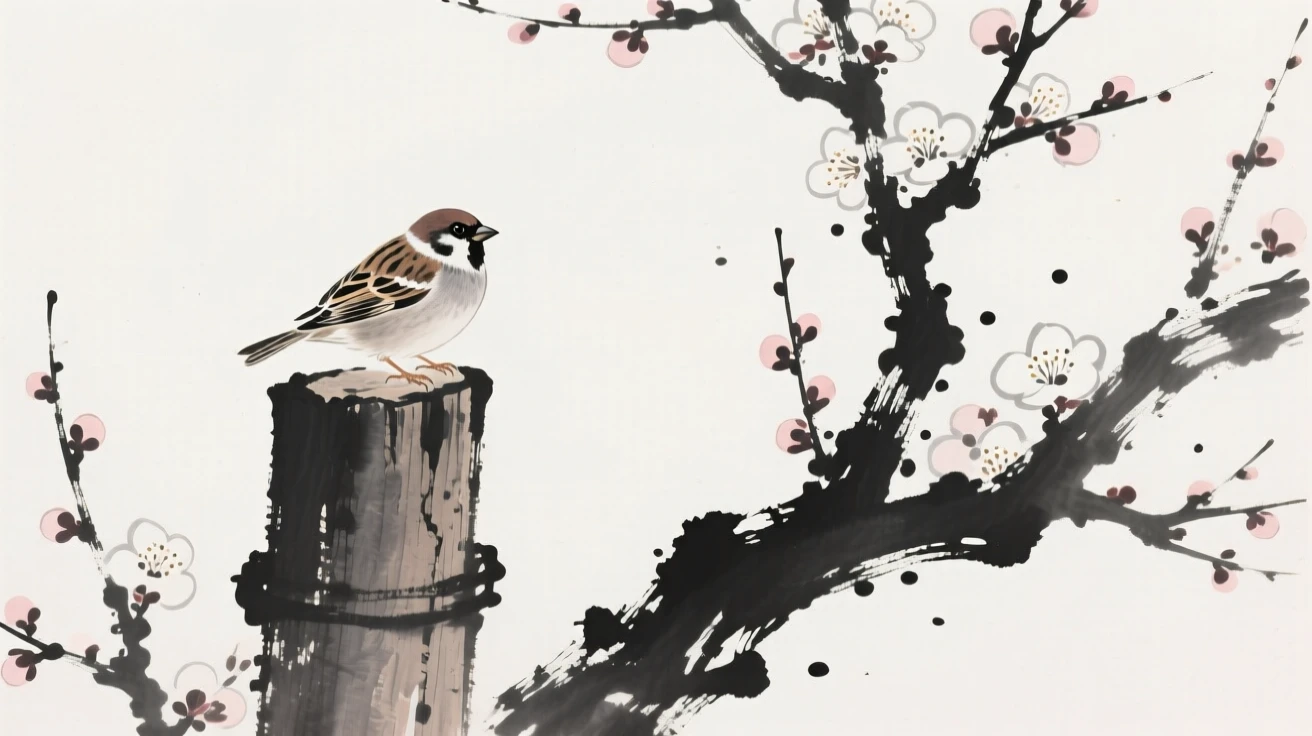 A small finch resting on a weathered wooden post beside a blooming plum tree, silhouetted softly against the fading light, conveying serenity and effortless movement.