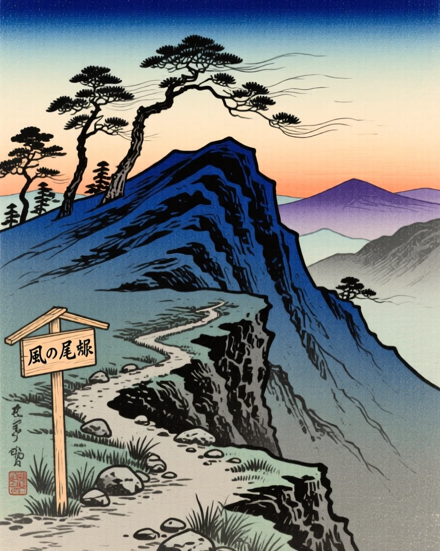 A windswept alpine ridge, framed by wind-bent pine trees, at dusk.