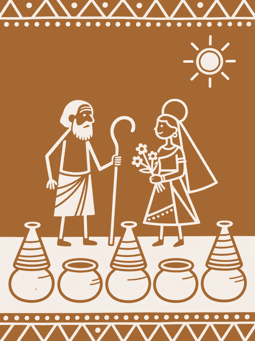 An elderly village headman welcoming a new bride into the family by a row of clay pots drying in the sun.