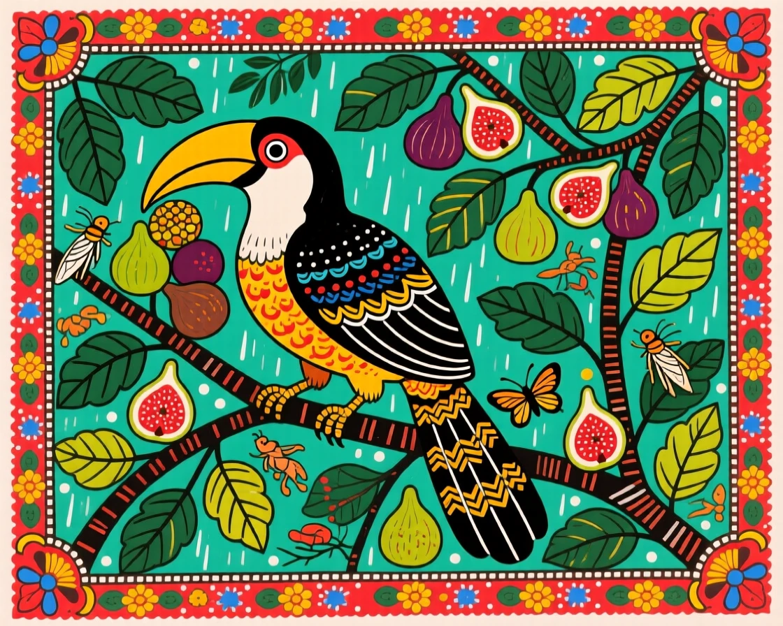 A hornbill feeding on wild figs high in a rainforest canopy.