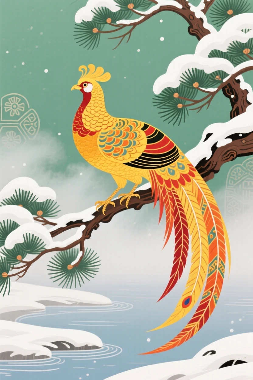 A golden pheasant perched on a snow-covered pine branch, as morning mist rises from the water.