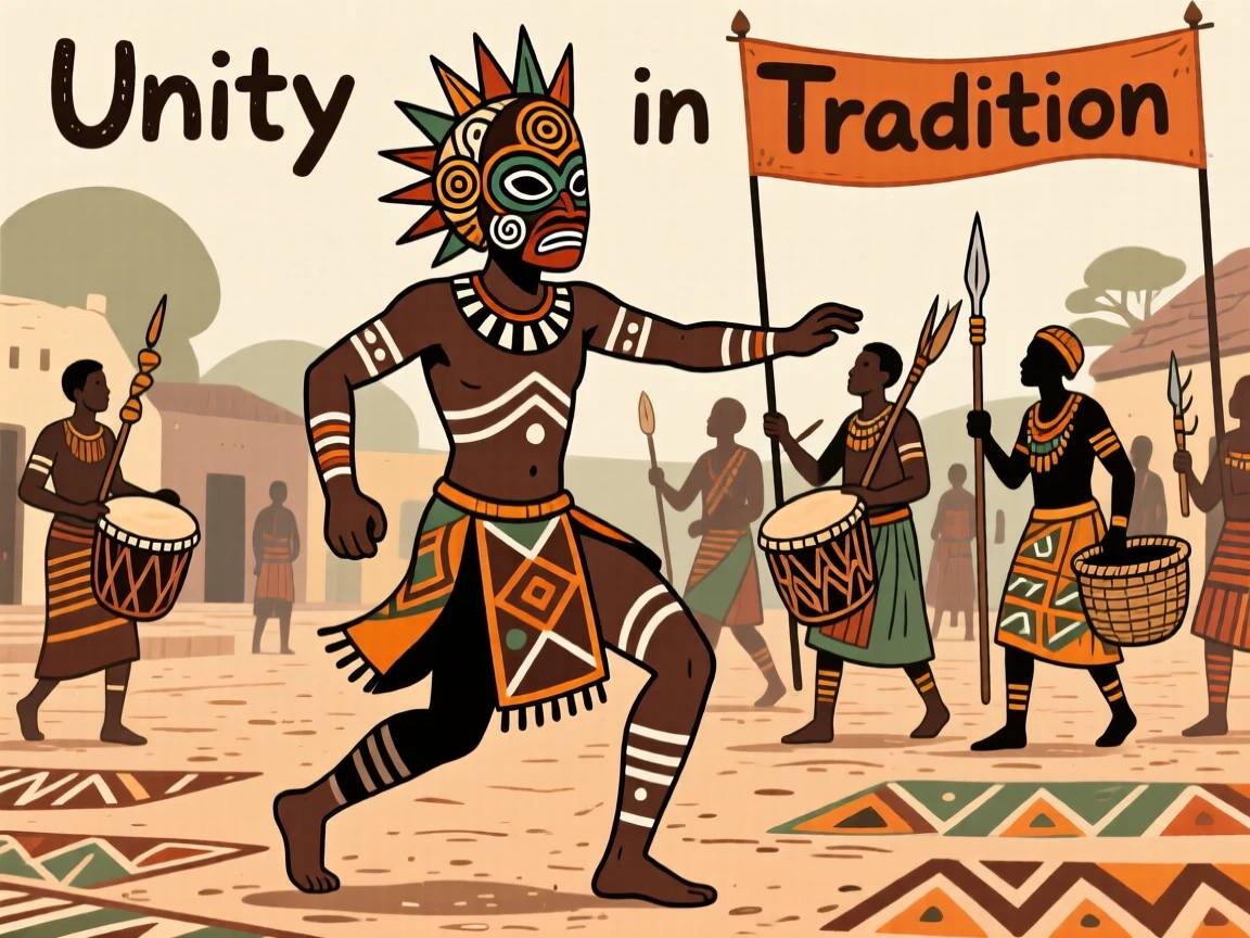 A masked ceremonial dancer leading a procession through the village square.