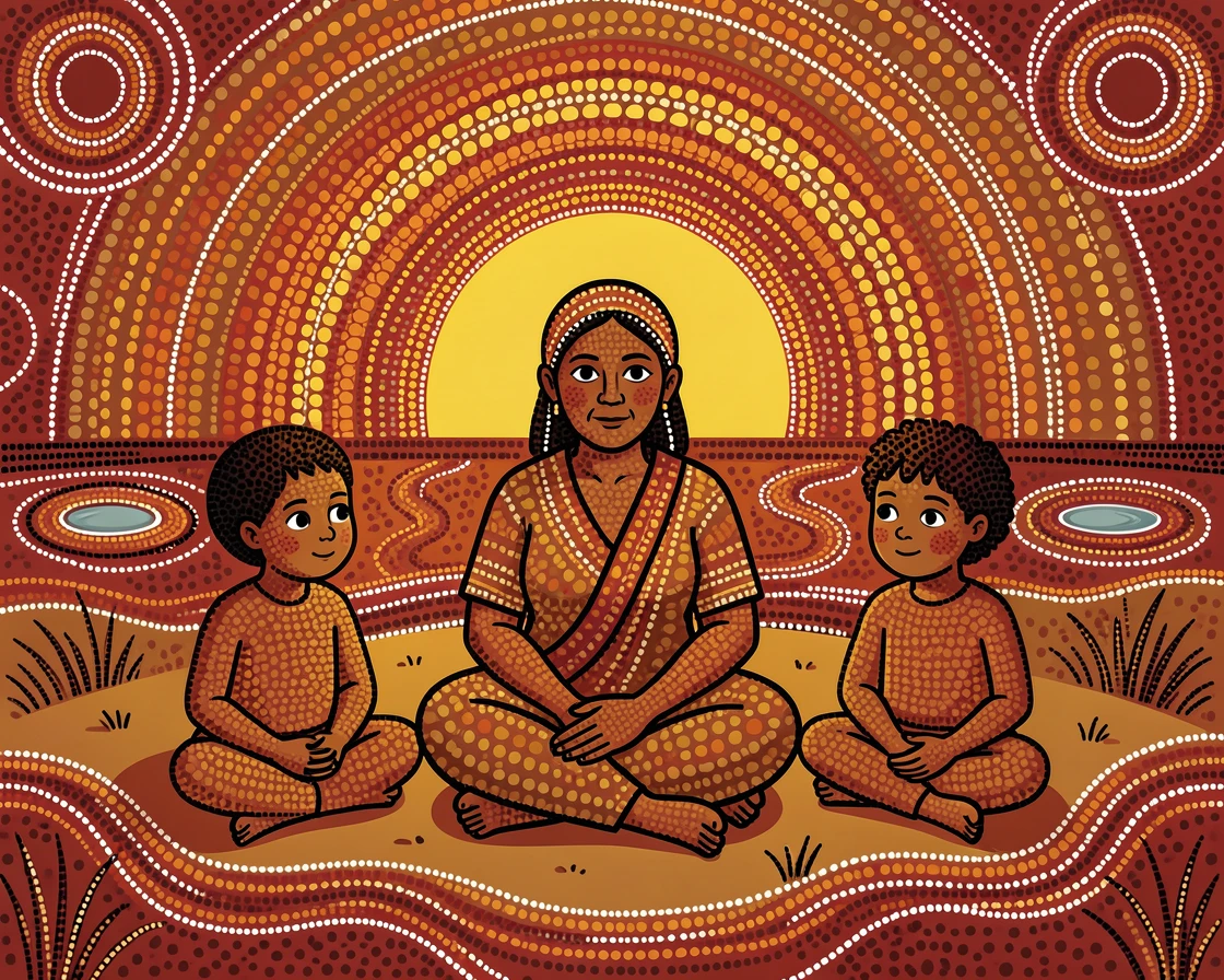 A grandmother telling stories to wide-eyed children at sunset