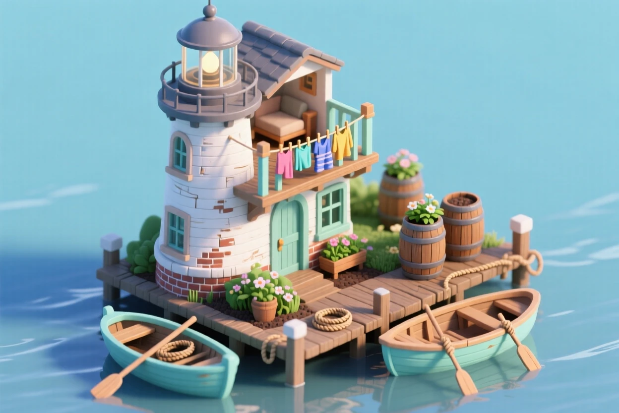A converted lighthouse turned family home, with laundry drying on a line strung to the railing, a garden planted in old barrels, and a small boat bobbing at the dock below.