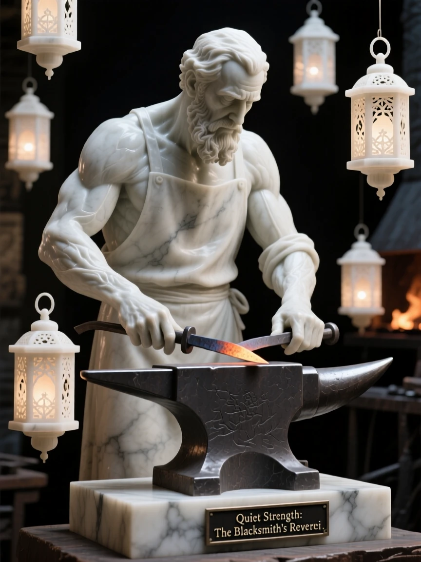 A close-up portrait of a blacksmith at his forge, lost in quiet contemplation, surrounded by floating lanterns, radiating quiet emotion and dignity