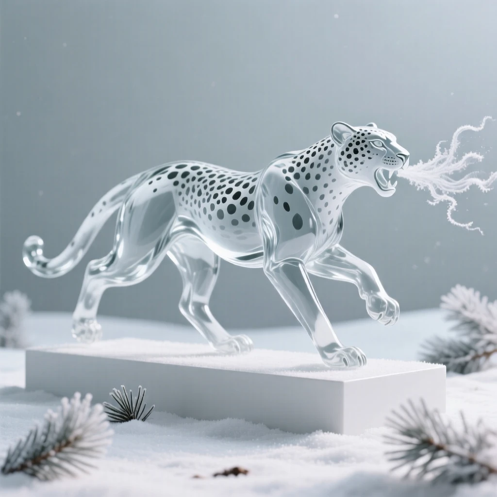 A cheetah mid-sprint in a snow-dusted pine forest, breath visible in the cold air, soft winter light giving the scene a hushed, peaceful feeling.