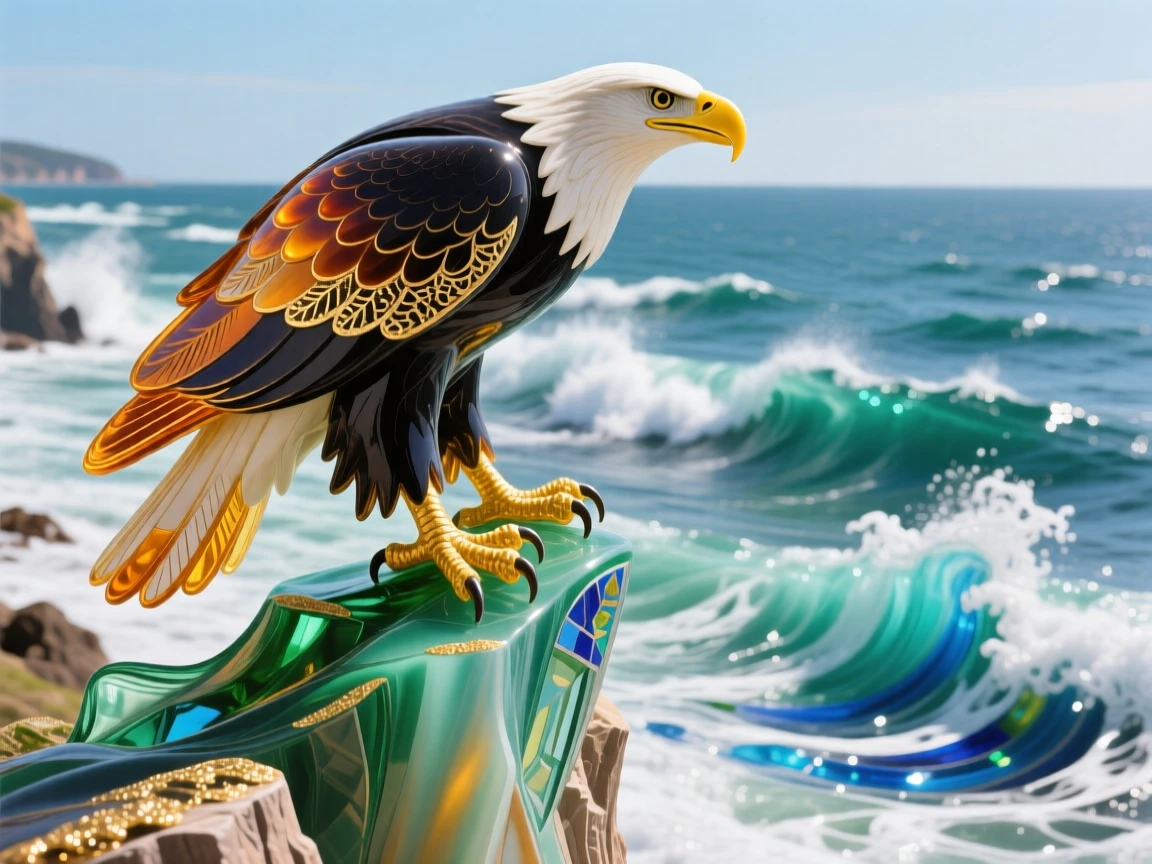A bald eagle perched atop a windswept coastal cliff, gazing out over crashing waves, proud and commanding.