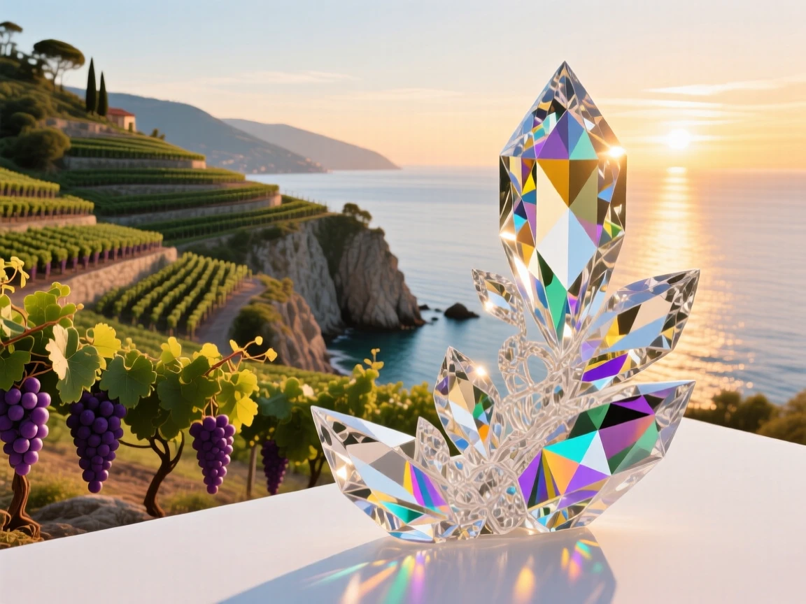 A cliffside vineyard overlooking a sparkling coastal bay at golden hour.
