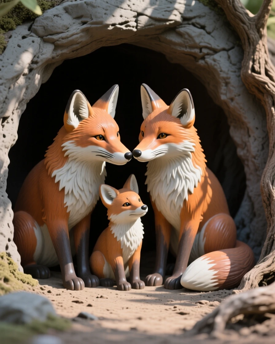 A family of foxes at a den entrance nuzzling gently against its companion, dappled in shifting patches of sunlight, evoking a quiet sense of wild dignity.