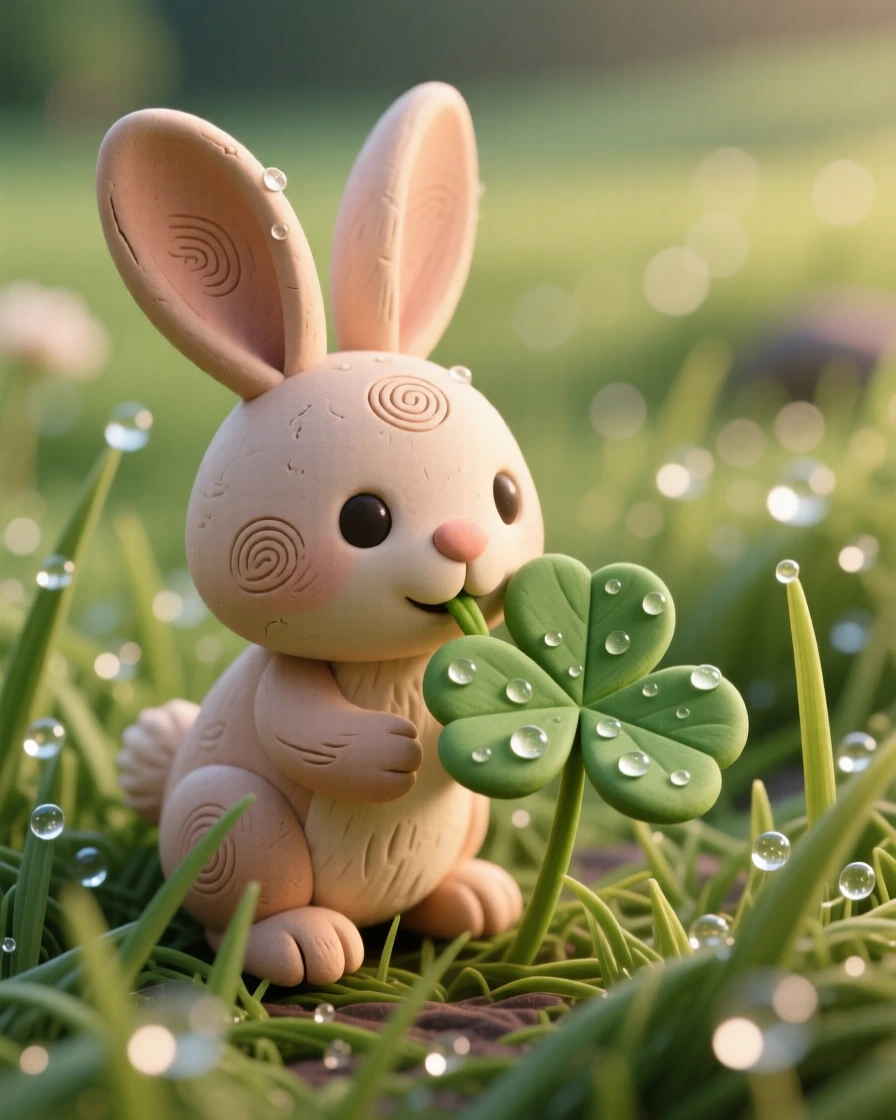 A rabbit nibbling clover in a field scattered with morning dew