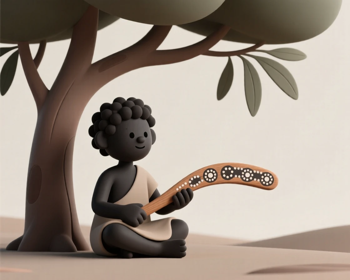 An Aboriginal Australian storyteller paints dot patterns on a wooden boomerang, sitting cross-legged beneath a sprawling eucalyptus tree.