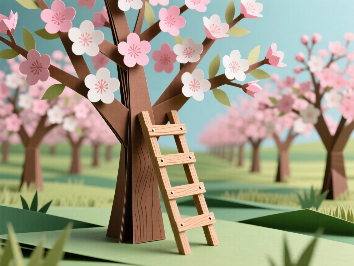 A quiet countryside orchard in full bloom, rows of pink and white blossom trees stretching into the distance, a wooden ladder leaning against one trunk, evoking springtime renewal.