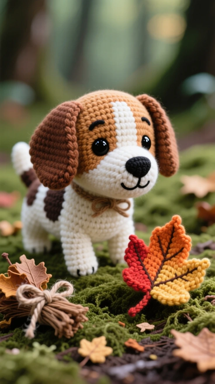a small beagle puppy, with long droopy ears and a spotted coat, sniffing curiously at a fallen leaf, set in a mossy forest floor covered in fallen leaves, with a bundle of dried autumn leaves, evoking a peaceful, drowsy calm settling over the scene.