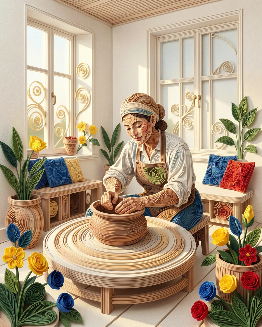 A relaxed modern lifestyle scene of a potter shaping clay on a spinning wheel in a sunlit studio apartment, with lively pops of color scattered throughout the scene, composed with a fresh, airy, minimalist aesthetic.