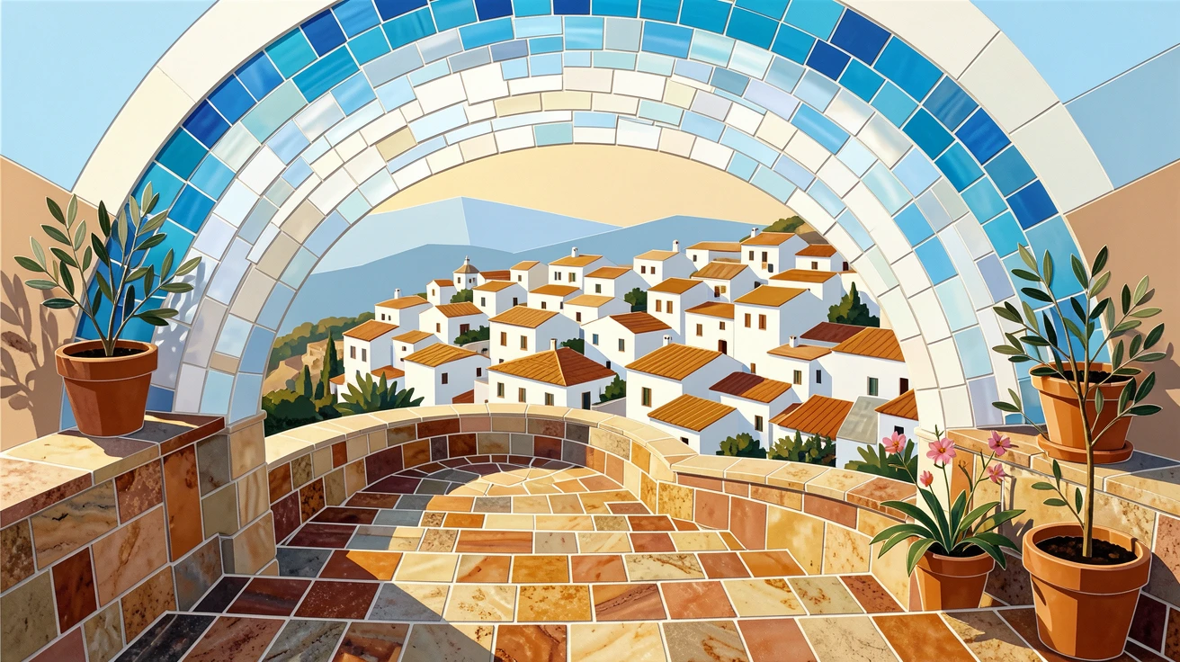 The ancient library steps of a mediterranean hillside town, viewed from a dramatic elevated vantage point.