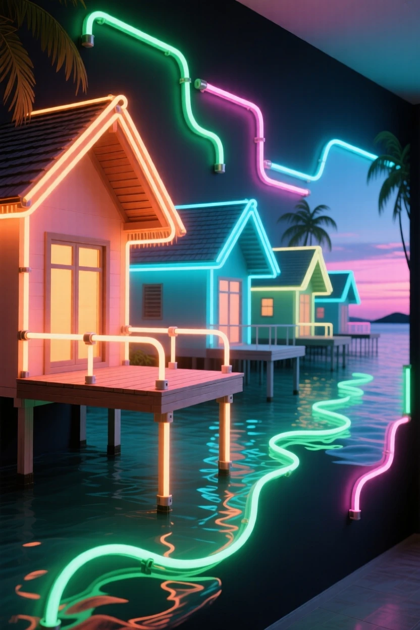 A row of overwater bungalows along a tropical lagoon.