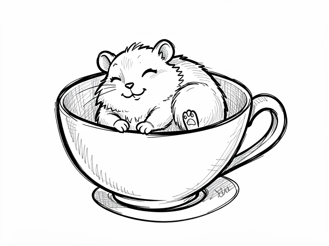 A chubby hamster napping in a teacup.