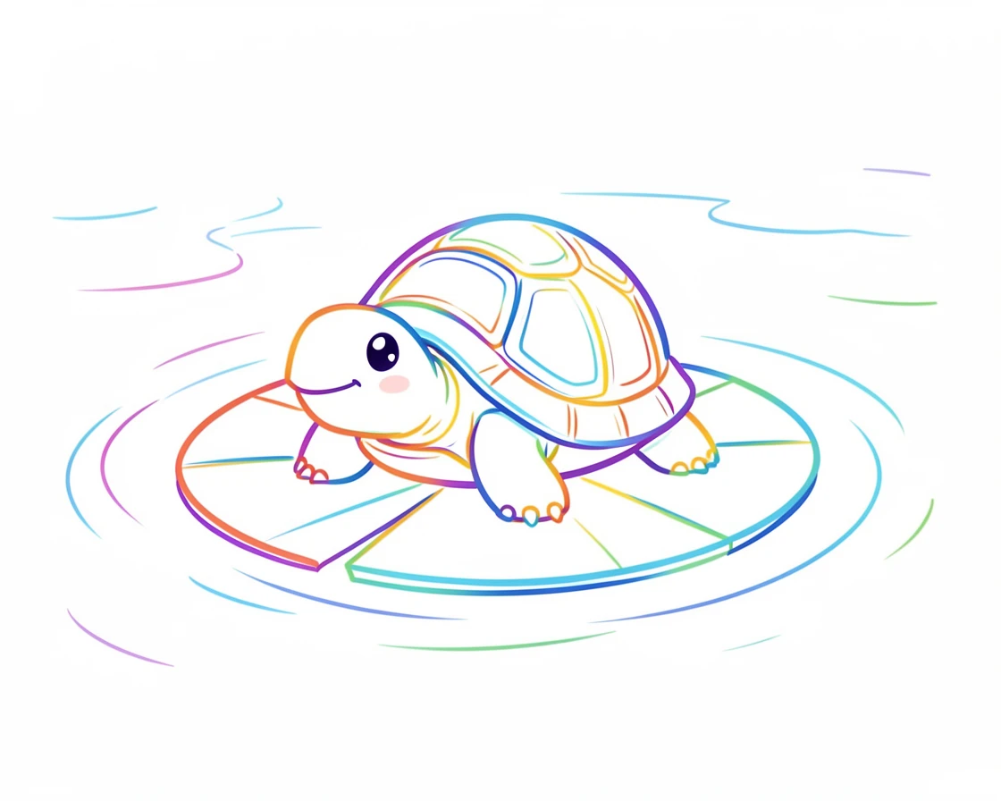 A tiny turtle poking its head out of its shell on a lily pad in a calm pond.