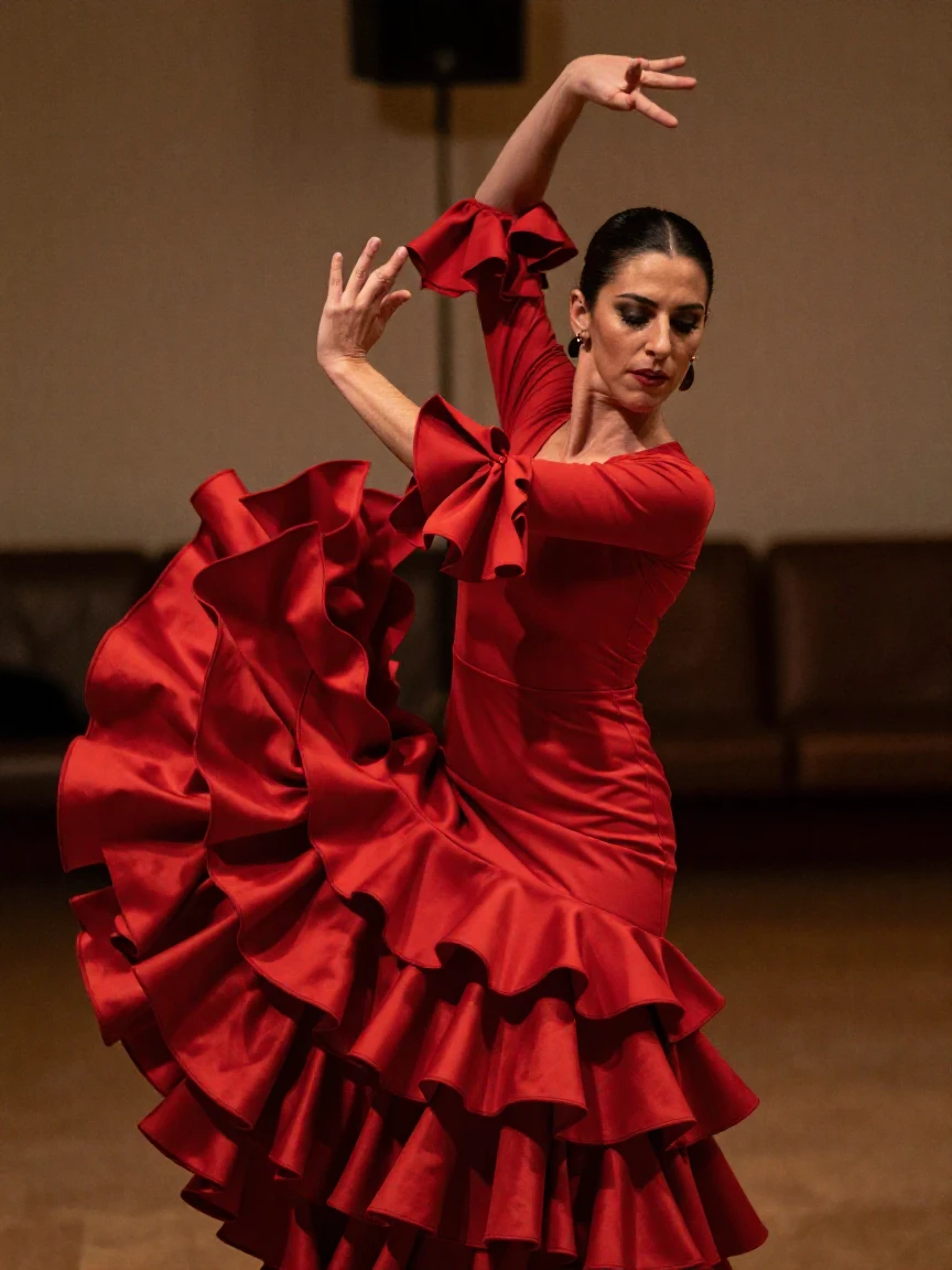 A flamenco dancer mid-spin with a red dress flaring