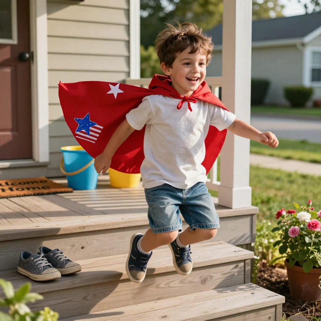 A little boy proudly wears a homemade cape while leaping off the porch steps.