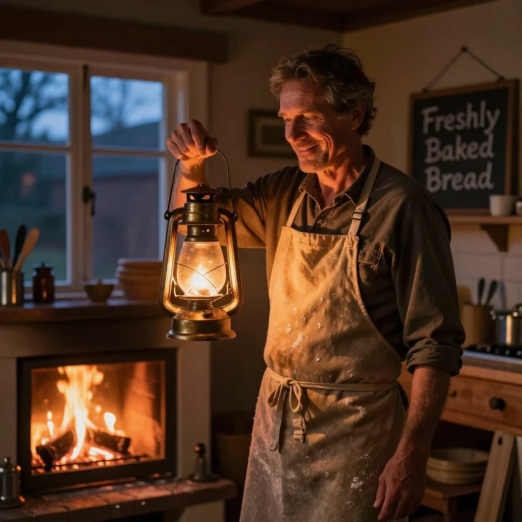 A middle-aged baker holding a lantern in the fading light beside a crackling fireplace at dusk, a gentle smile crossing their face