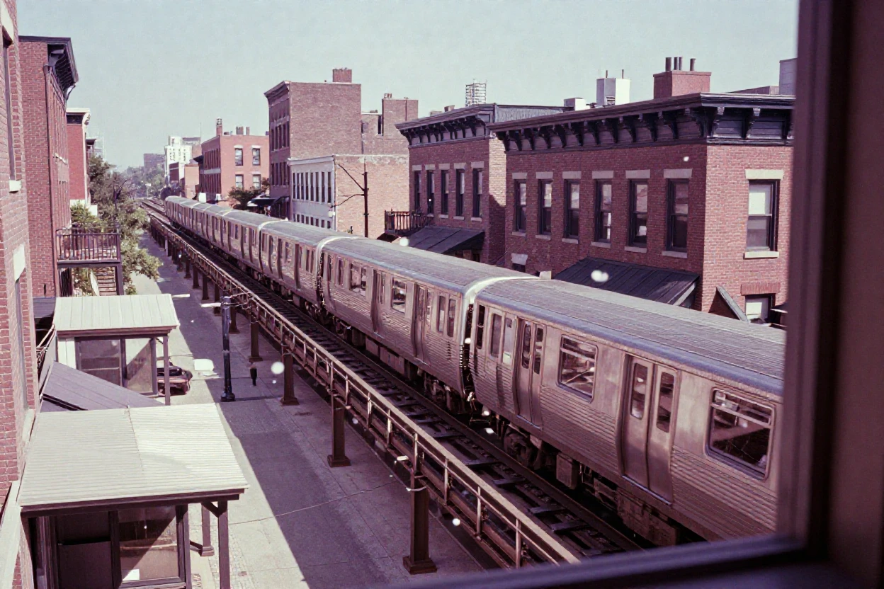 An elevated train rumbling past rows of brick buildings, under harsh midday sun, amid gently falling snow, during the long days of summer, in dusty lavender and rose tones, viewed from across the room.