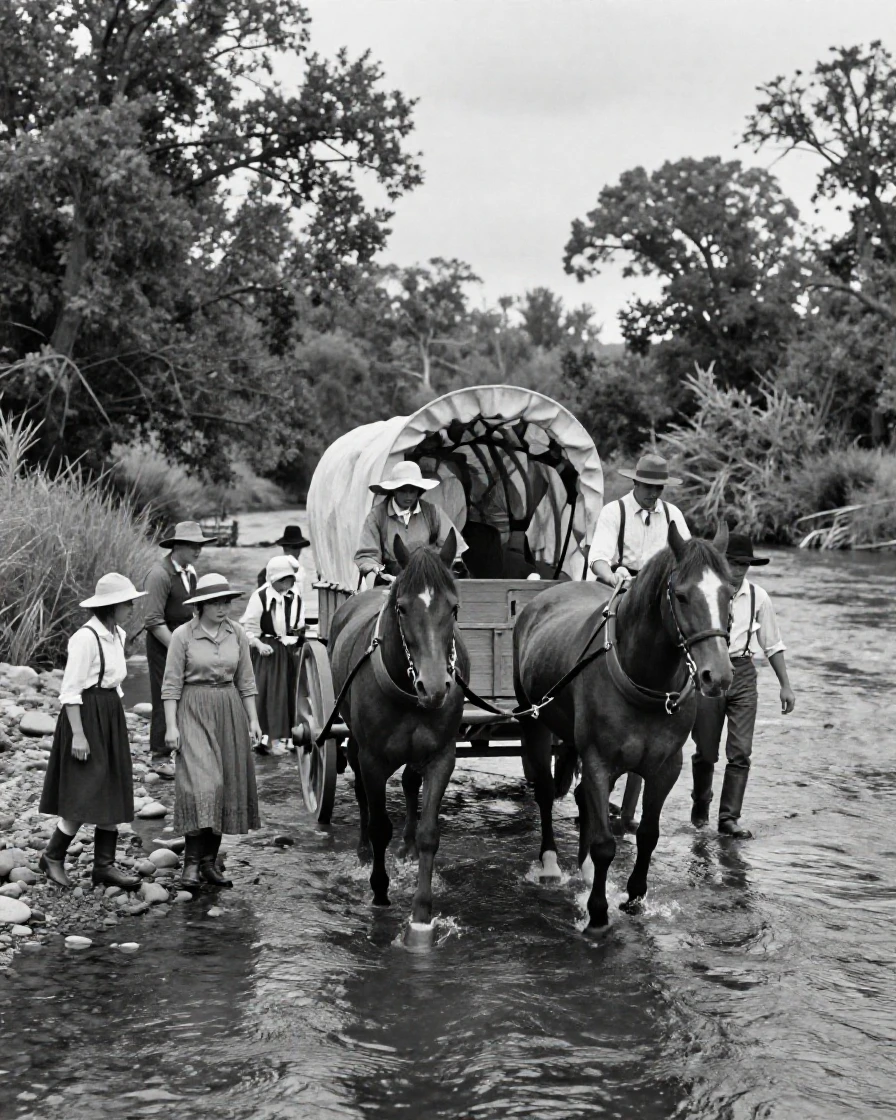 A group of settlers crosses a river by covered wagon beside a wide shallow ford.
