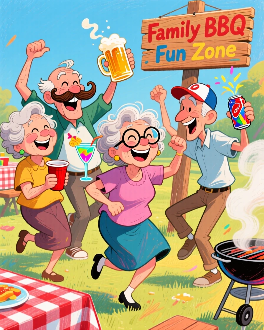 A group of grandparents dancing together at a family barbecue, all mid-spin with drinks in hand.