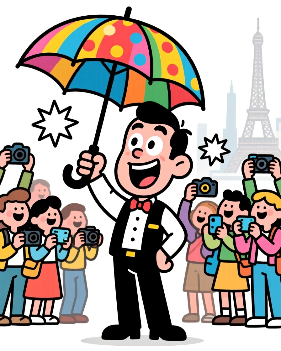 A charming portrait of a charismatic tour guide holding an umbrella aloft, mouth open mid-sentence, tourists' cameras flashing around him.