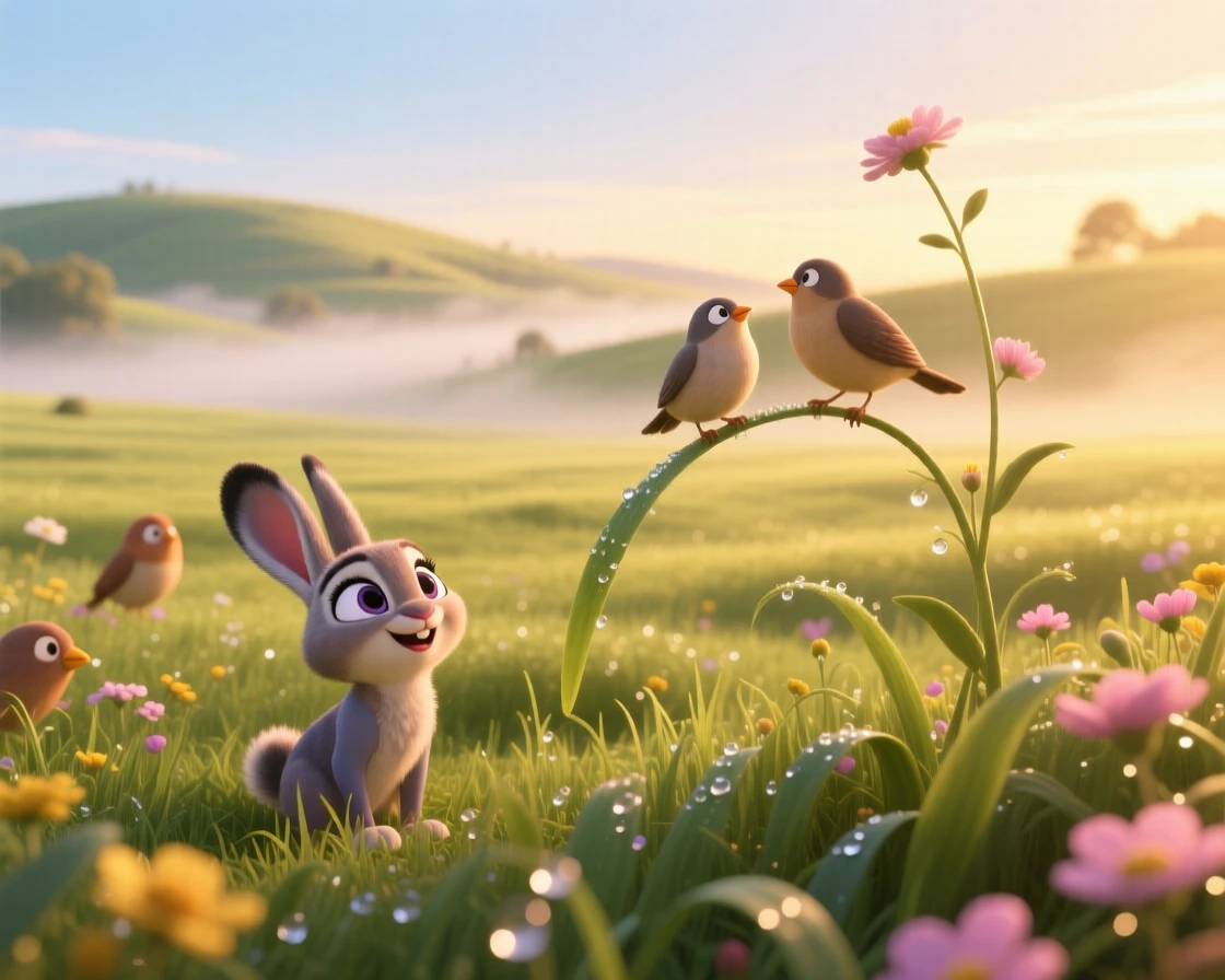 A meadow at first light glows while a soft mist rolls gently across the ground, with soft shadows stretching long across the ground. A calming stillness settles over the landscape.