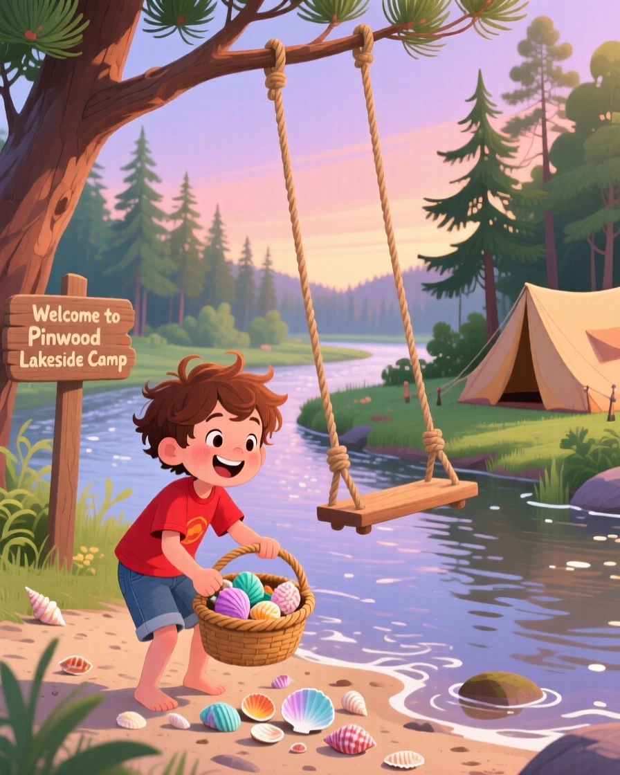 In a quiet lakeside campsite, a boy collecting seashells is following a river downstream on a rope swing, with the scent of pine drifting on the wind.