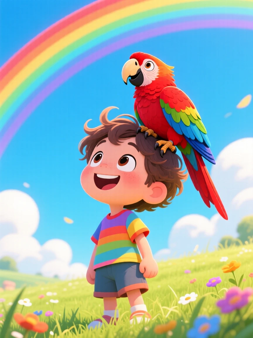 A parrot perched on a child's shoulder, both looking at a rainbow.