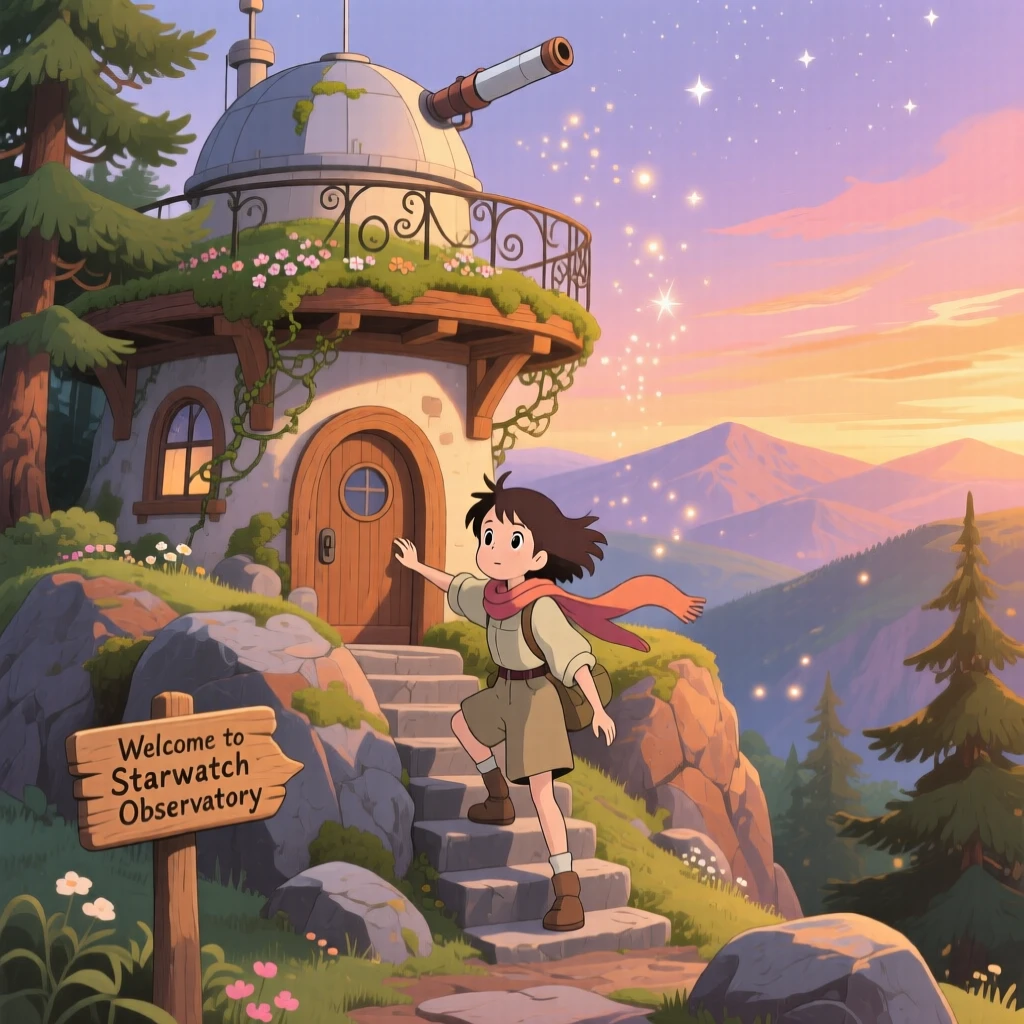 An explorer climbing toward a mountaintop observatory, the moment quietly triumphant.