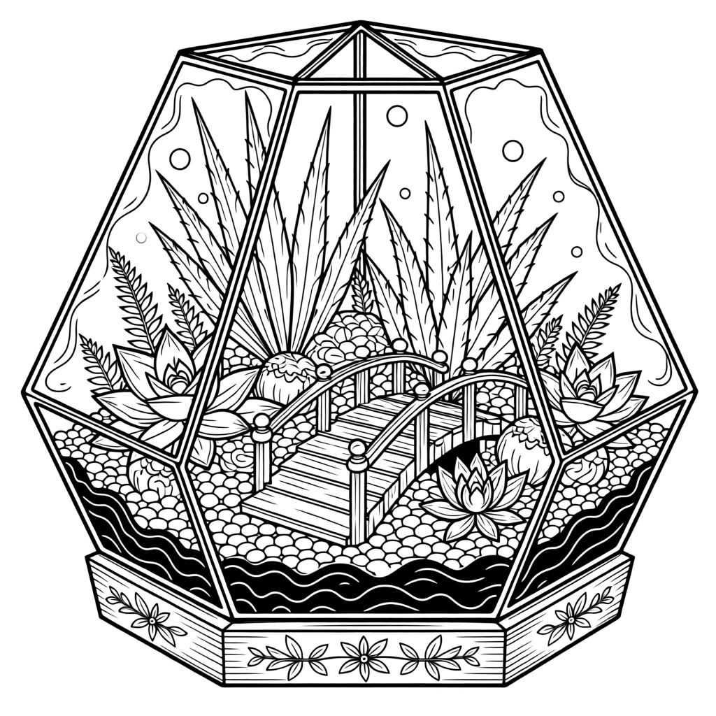 A terrarium filled with miniature succulents, pebbles, and a tiny wooden bridge.