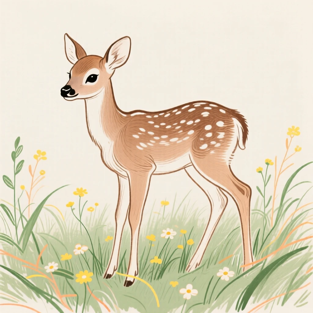 A baby deer in a meadow.