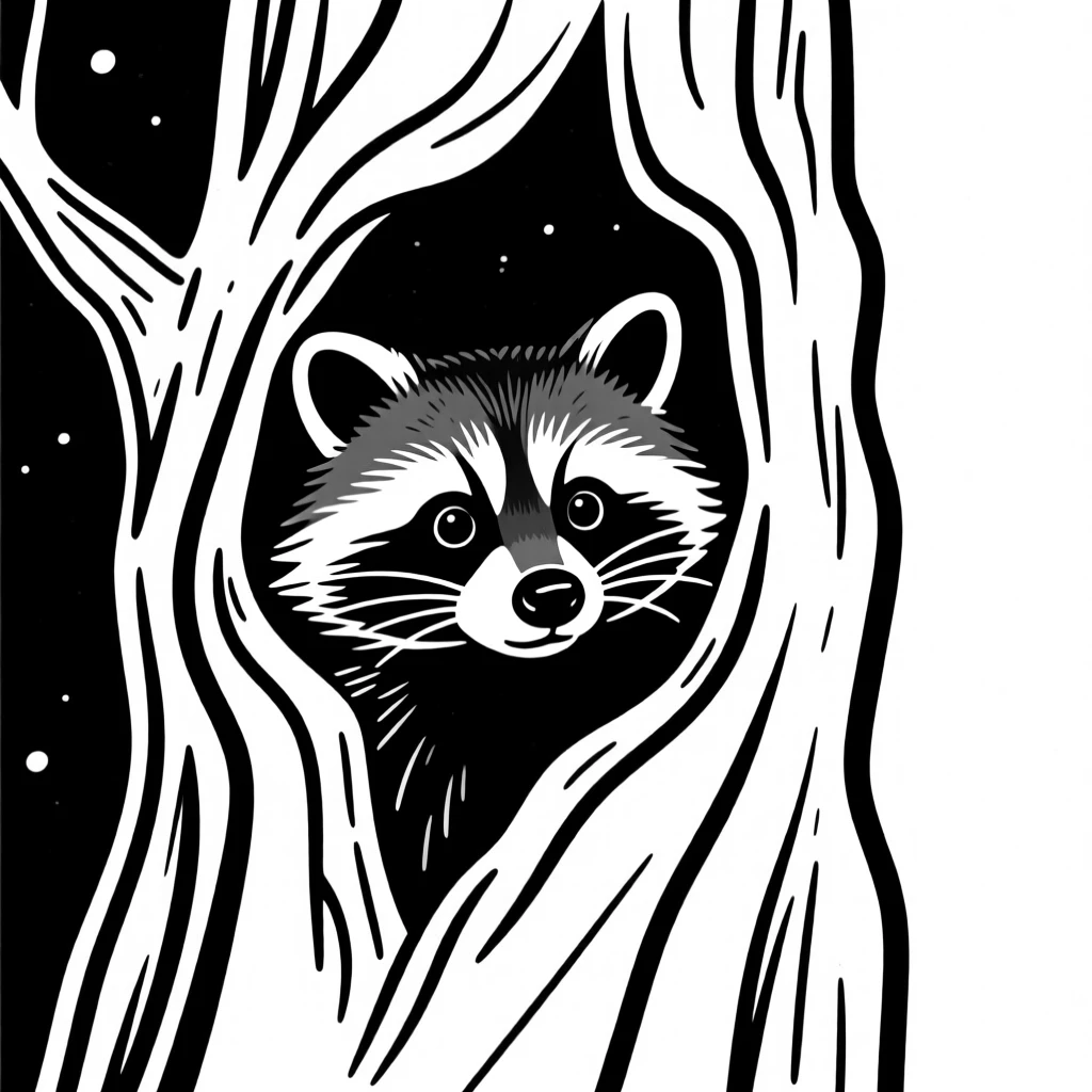 A raccoon peeking out from inside a hollow tree trunk at night.