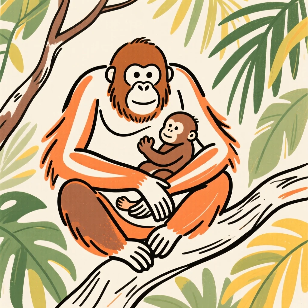 An orangutan cradling its baby while sitting in a tropical tree.