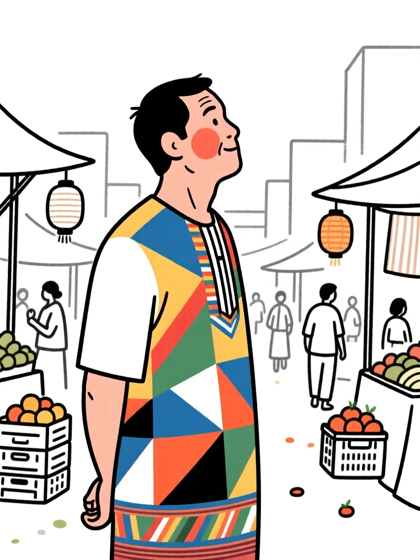 A man in his forties of Thai heritage wearing a colorful Ankara dress, looking hopeful toward the horizon, in a bustling city market.