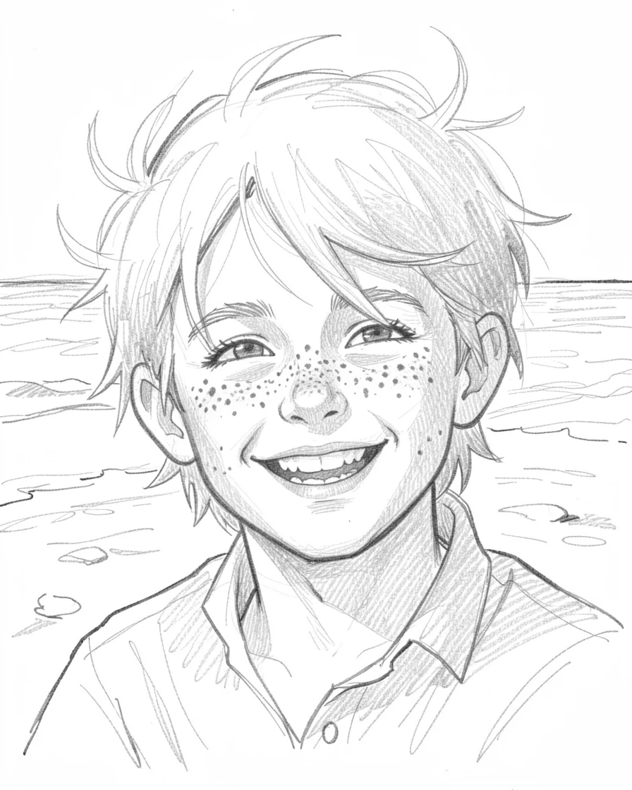 Intimate close-up of a mischievous freckled boy on a windswept beach at dawn, laughing with pure delight.