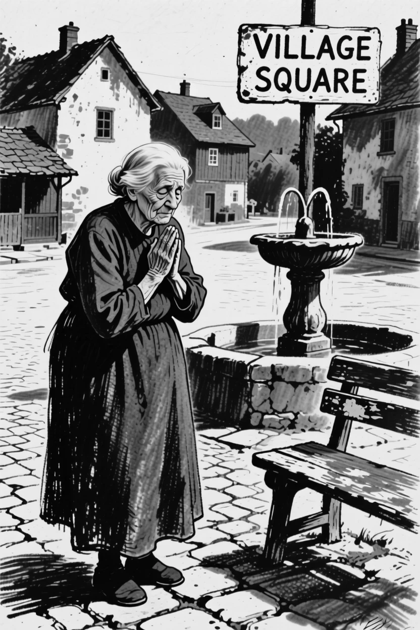 A grandmother praying quietly with hands clasped together, in a small village square.