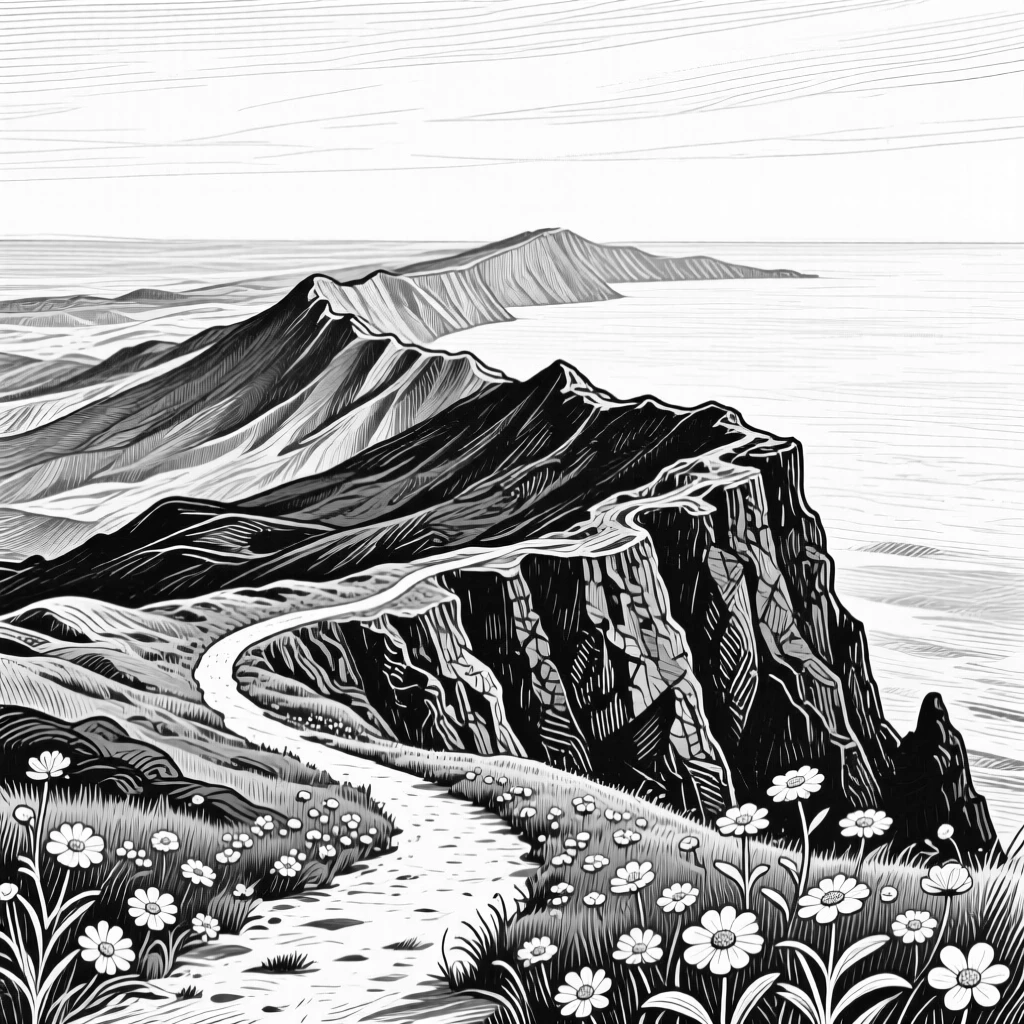 A volcanic ridge at the edge of an endless horizon, with scattered wildflowers along the path, evoking a quietly majestic atmosphere in a wide, balanced composition.