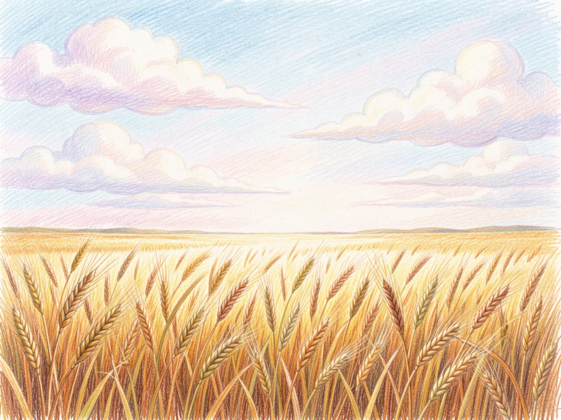 A golden wheat field swaying under a wide open summer sky, with soft clouds drifting across a pastel-colored sky, telling a quiet story of solitude and beauty.