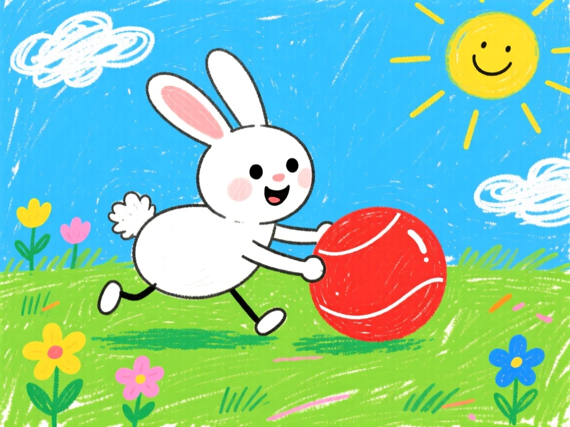 A small white rabbit fetching a rubber ball across the lawn.