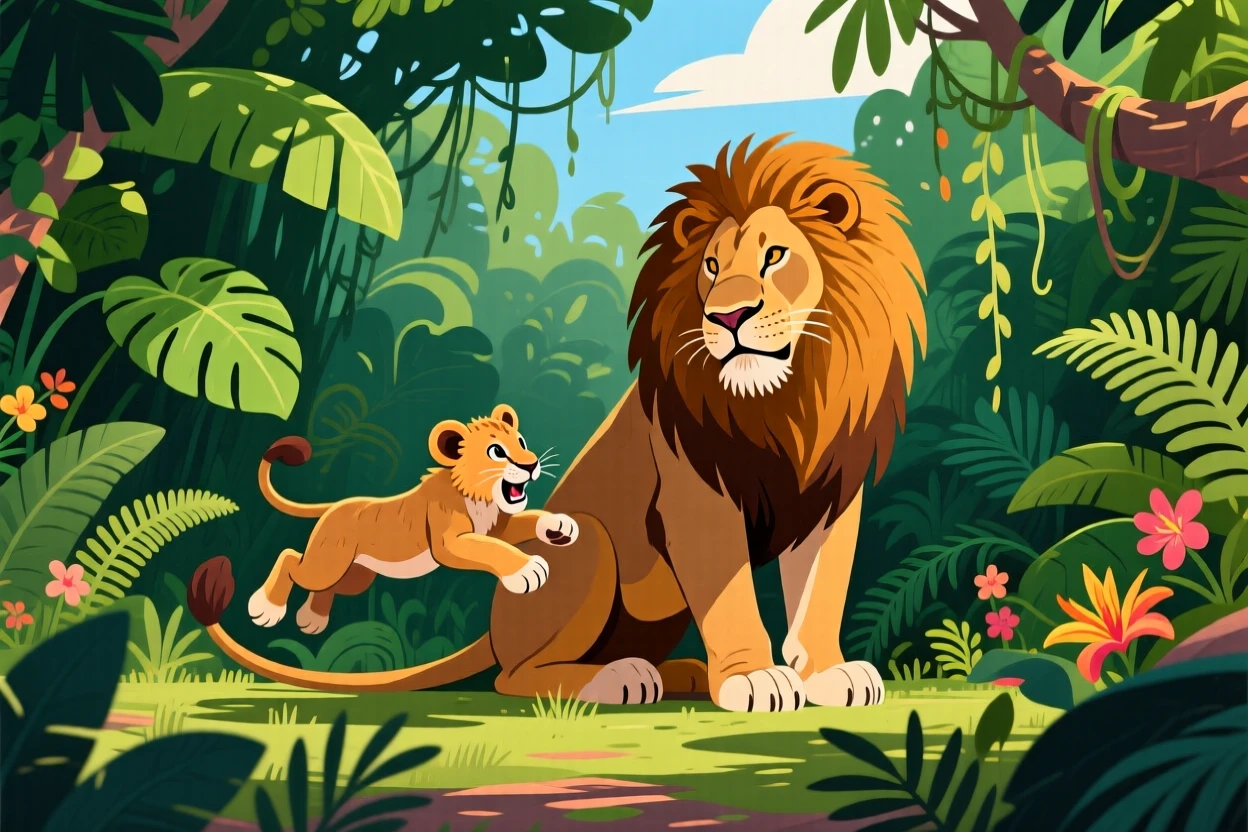 A lion cub pouncing playfully on its mother's tail, nestled within a dense jungle alive with greenery, framed from a low angle to feel grand and majestic, with vivid, richly saturated colors that pop.