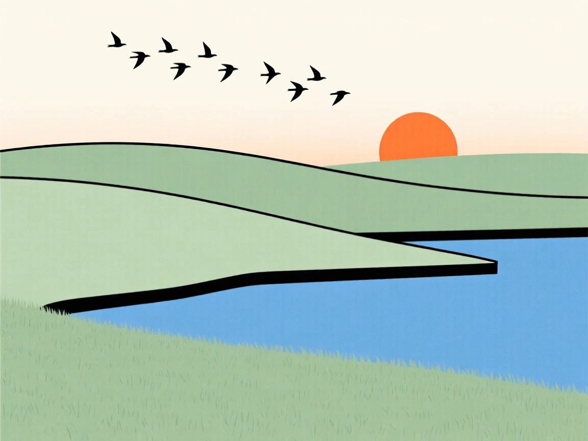A rolling meadow, standing at the edge of a river delta at sunset, with a flock of migrating birds nearby, evokes timeless calm.
