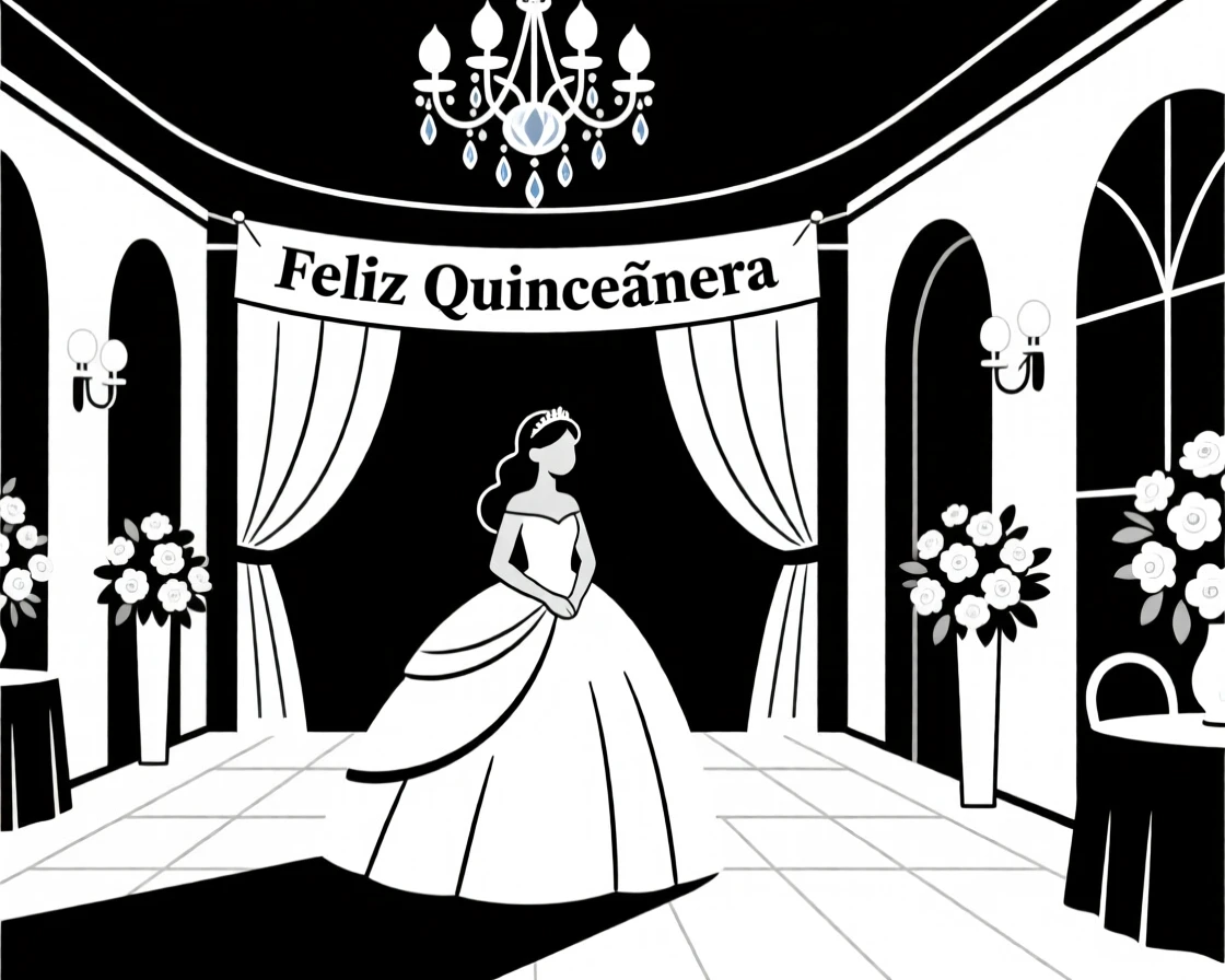 A quinceañera celebration with a decorated ballroom.